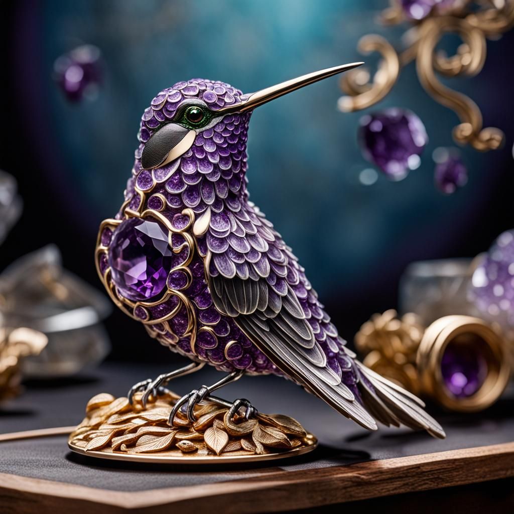 Amethyst Hummingbird in Jeweler's Workshop