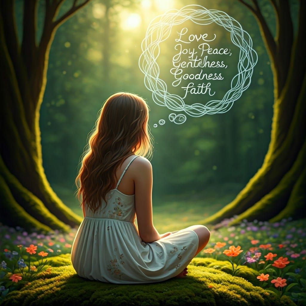 Contemplative Woman in Forest with Thought Bubble