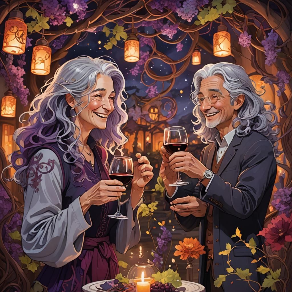 Friends Toasting in a Surreal Fantasy Landscape