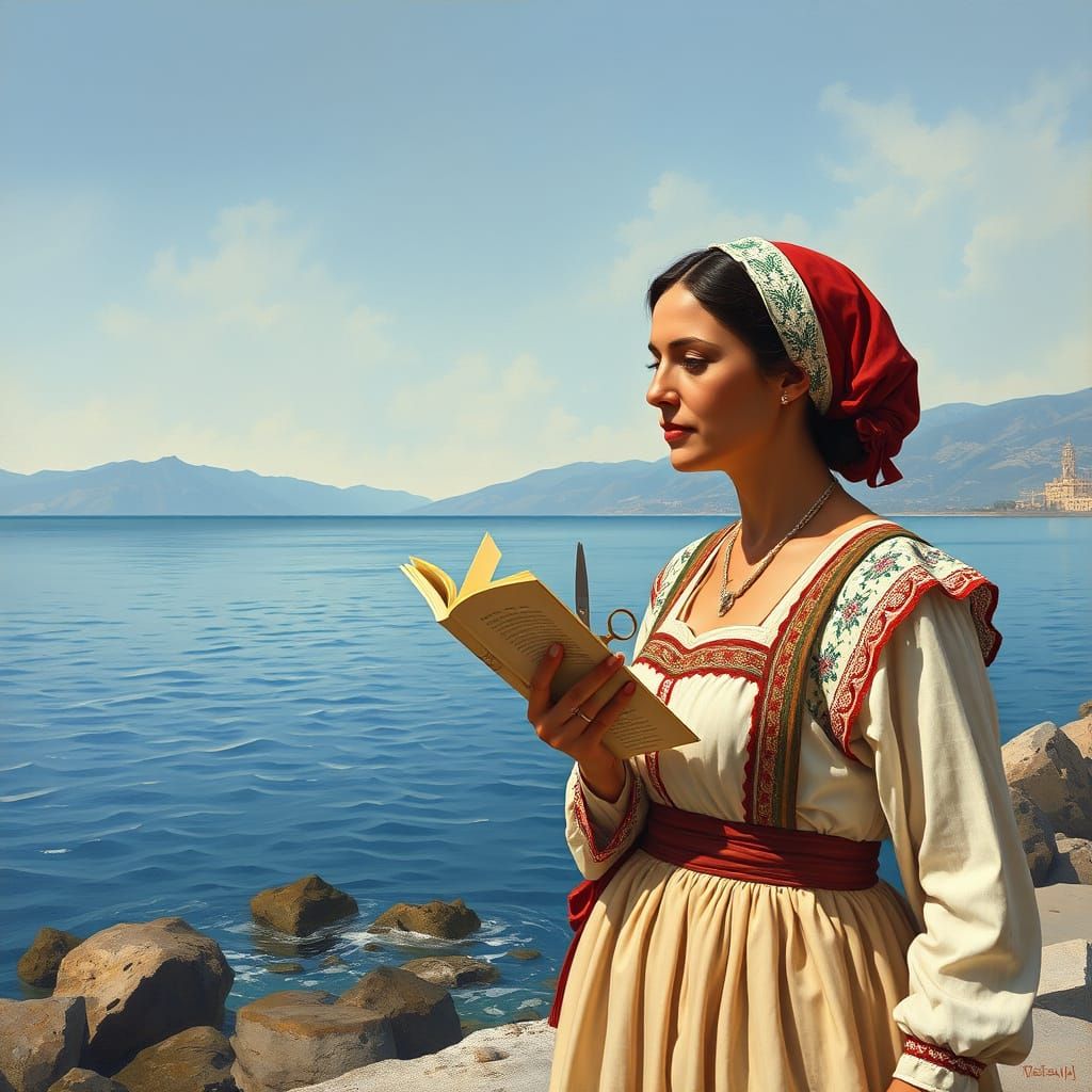 Sicilian Woman on Messina Strait in Neorealism Style