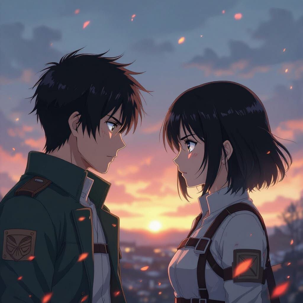 Levi and Mikasa: Determined Gaze in Anime Style