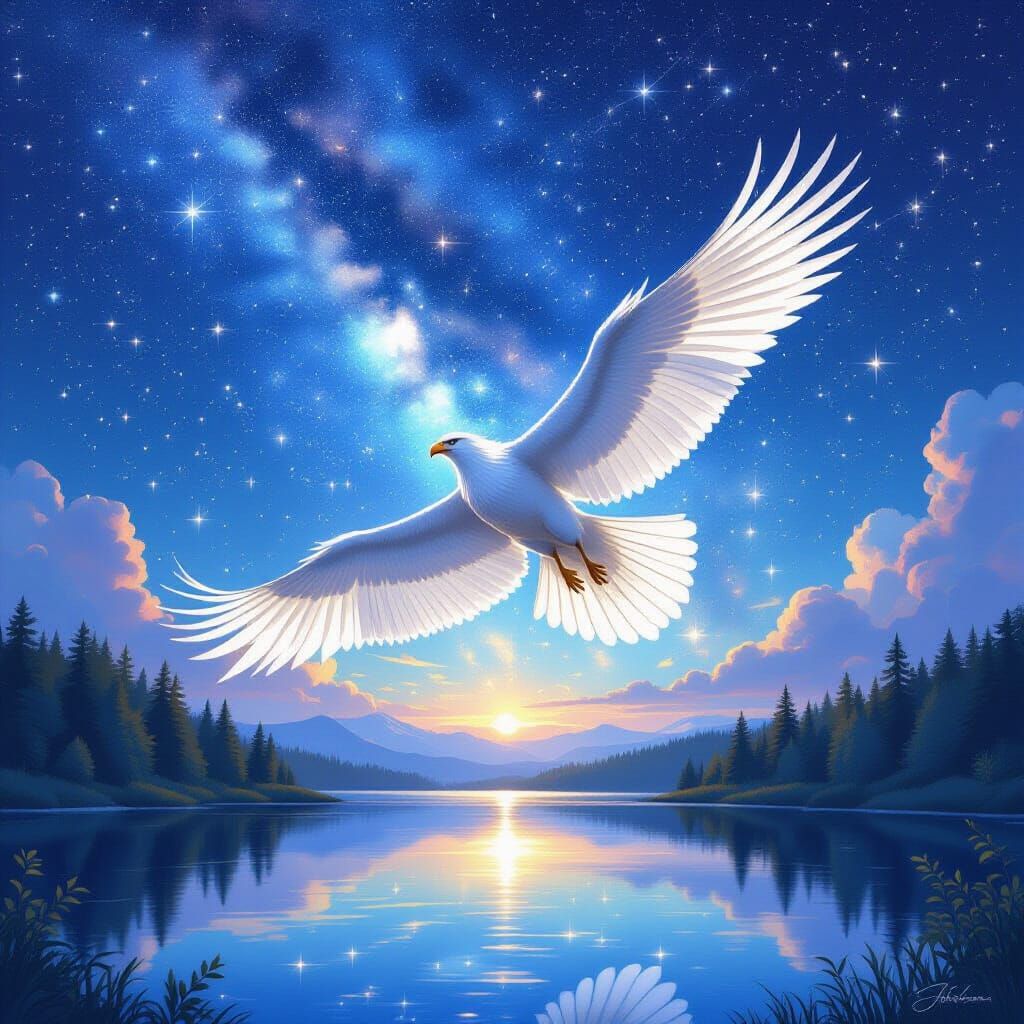 Celestial Griffin Soaring Through Starry River