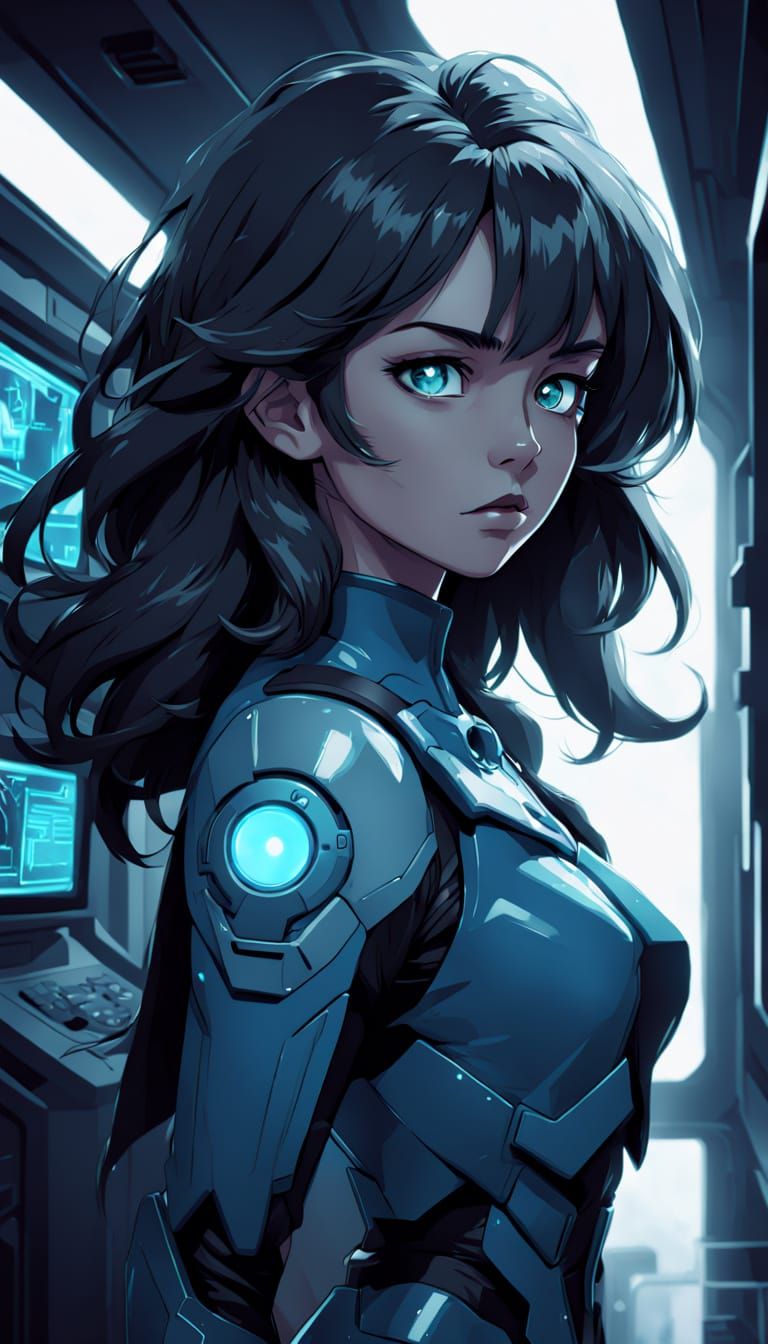 Fierce Anime Woman in Starship Corridor