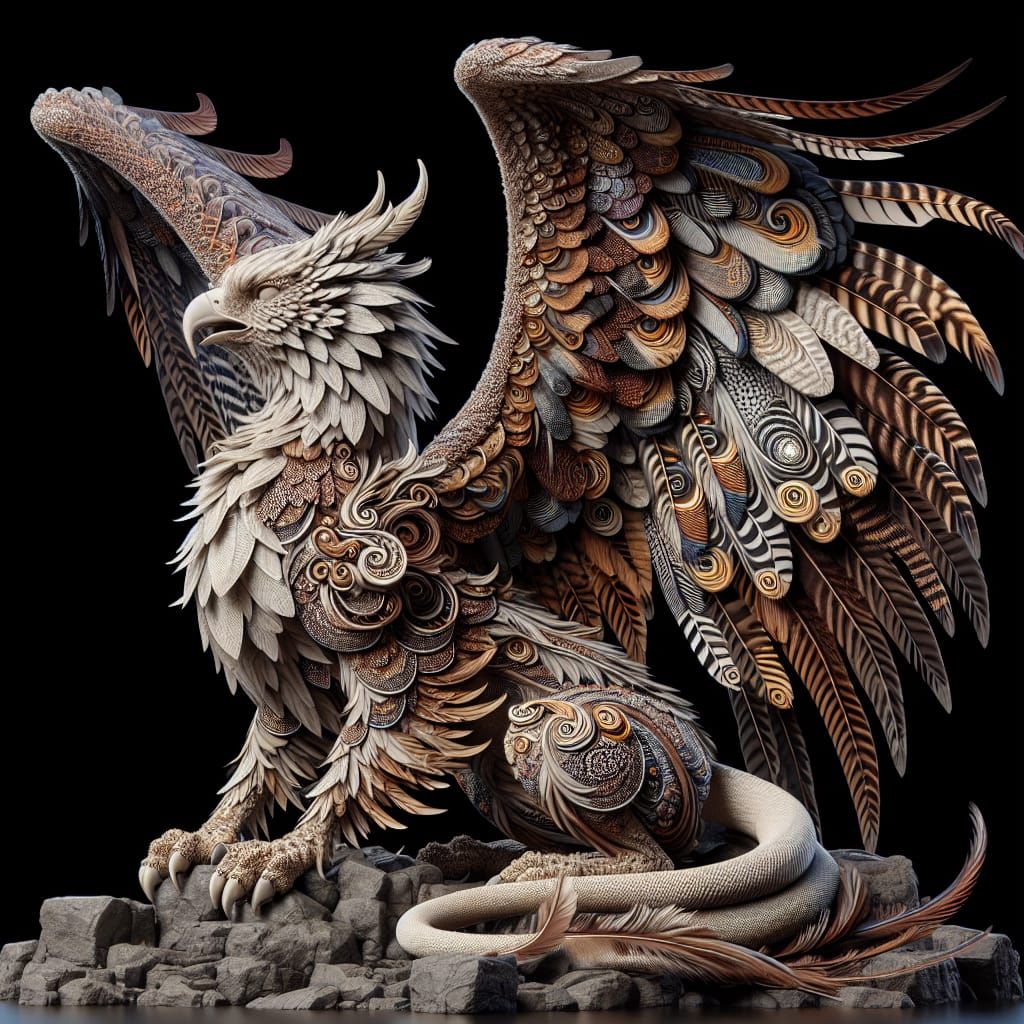 an adorable griffin with feathers reminiscent of a osprey curled on a rocky mound. The creature has the likeness of a tr...