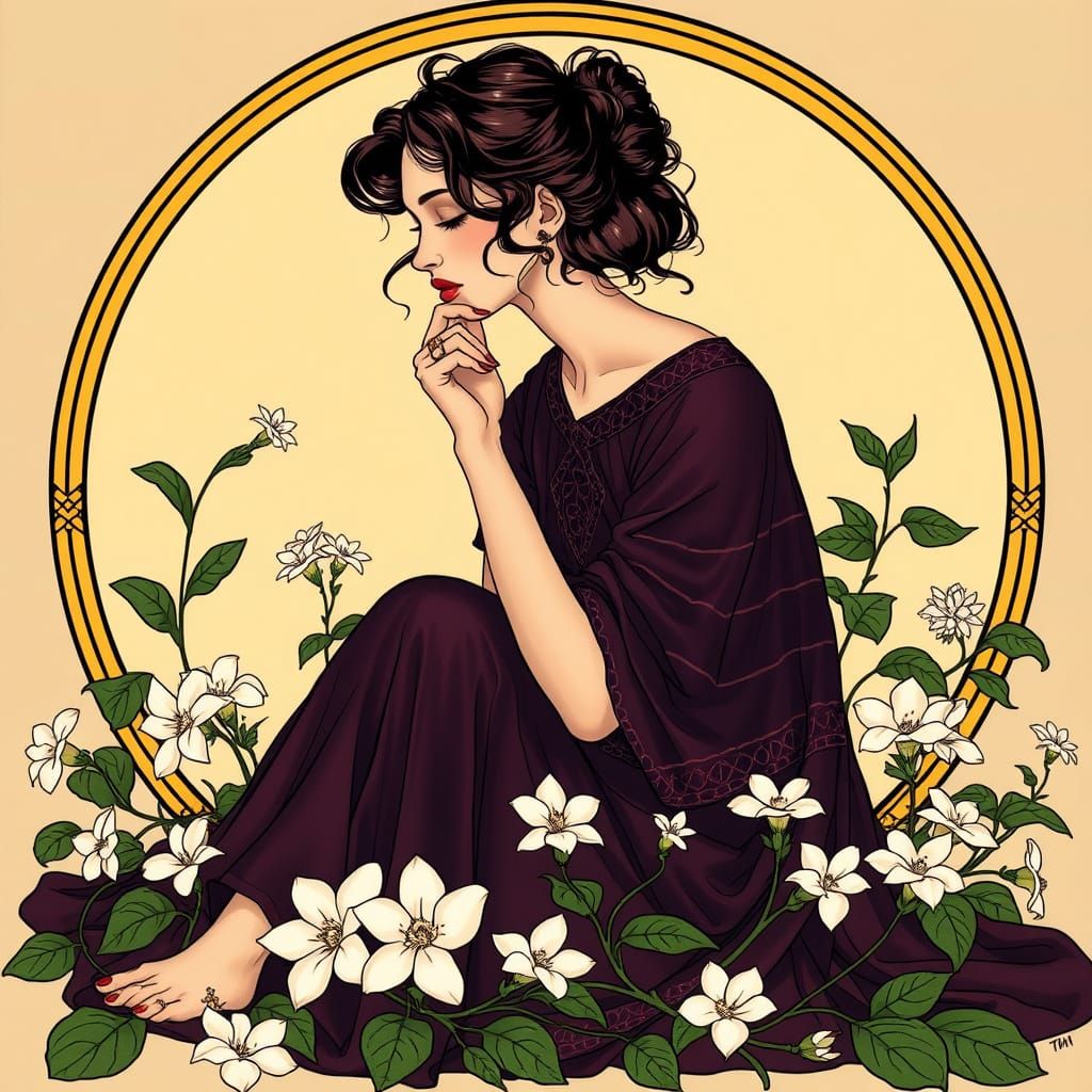 Art Nouveau Woman Surrounded by Flowers