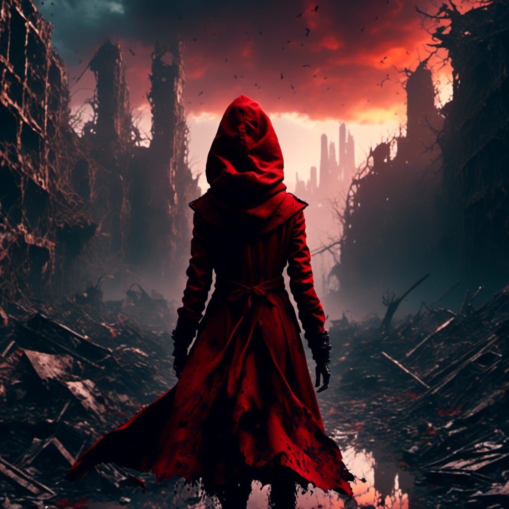Woman in Red Coat Observes Destroyed City