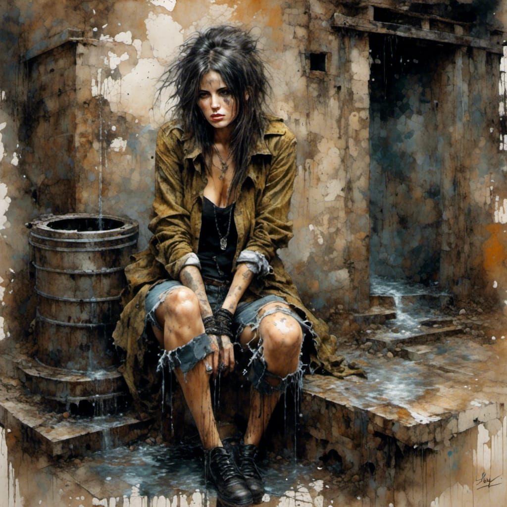 Grunge Punk Woman in a Well: Oil Painting