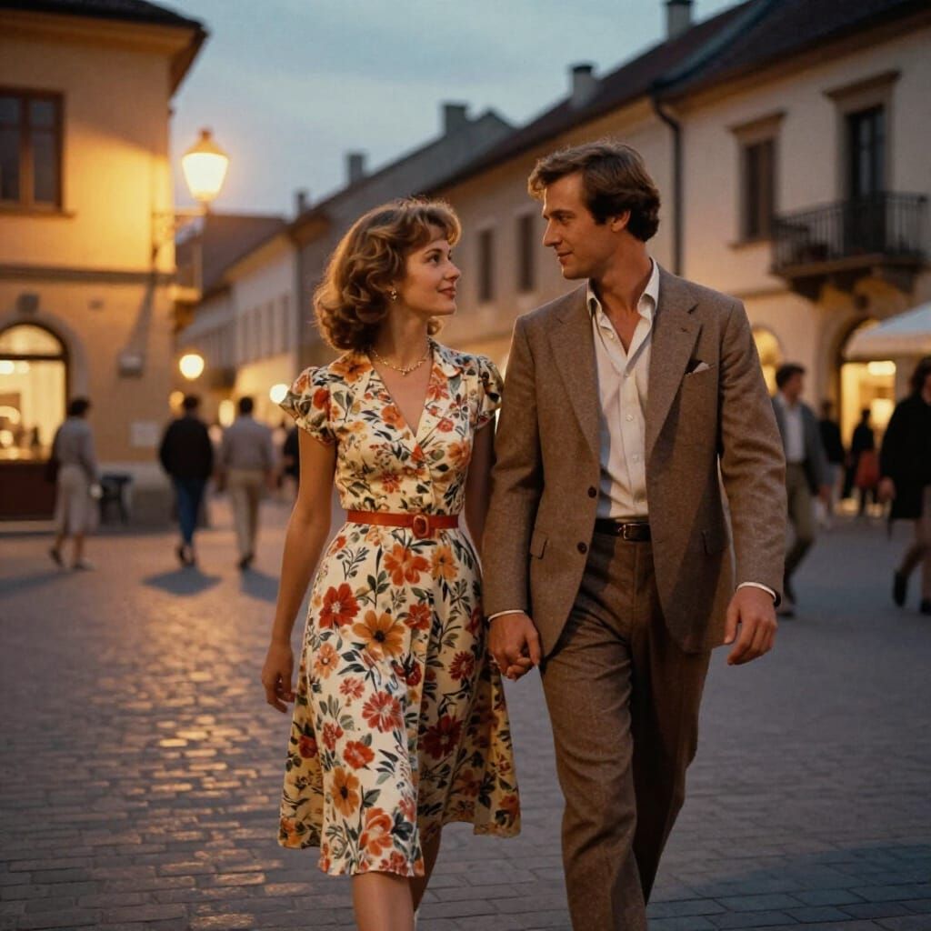 70s Couple in European Town Square at Dusk