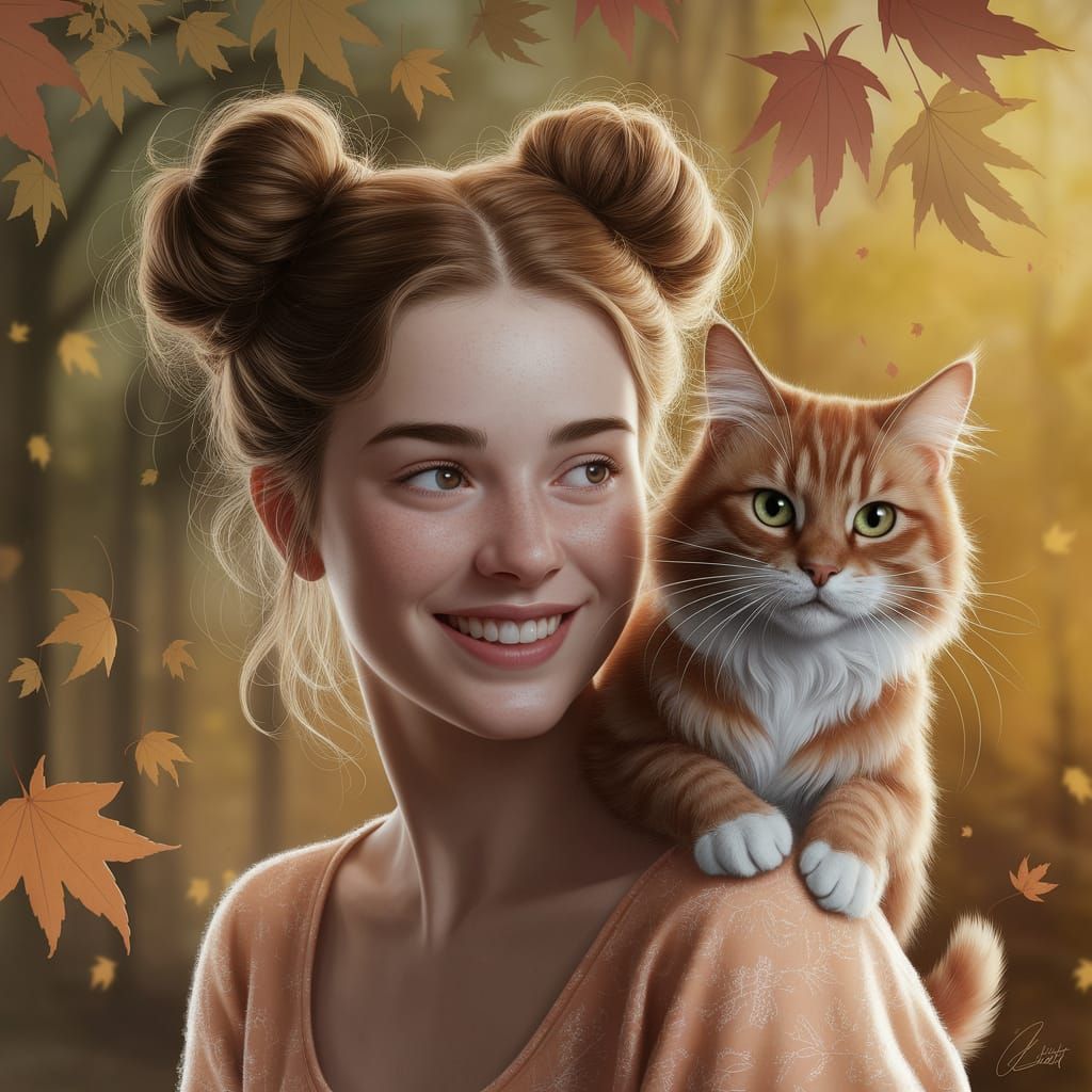 Semi-Realistic Digital Portrait of Woman and Red Cat