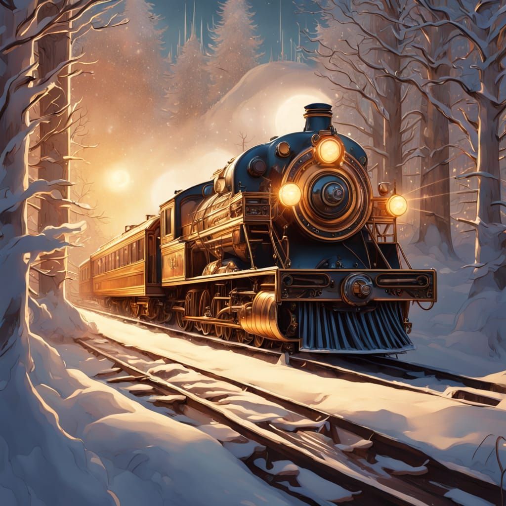 Golden Steam Train in Snow-Covered Forest Art Deco Style
