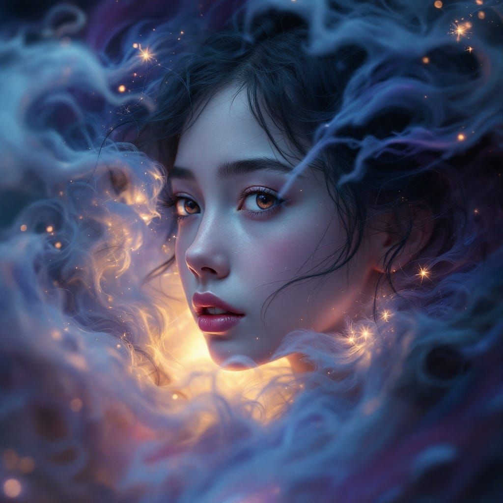 Whimsical Young Girl Surrounded by Ethereal Mist in Dreamlik...