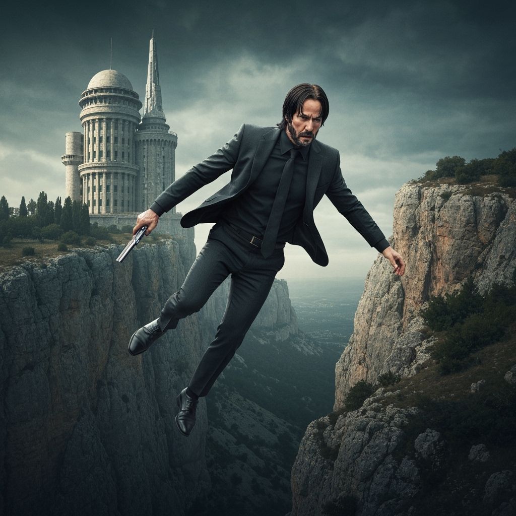 John Wick Glides Over Crimea: Futuristic Cinematic Scene
