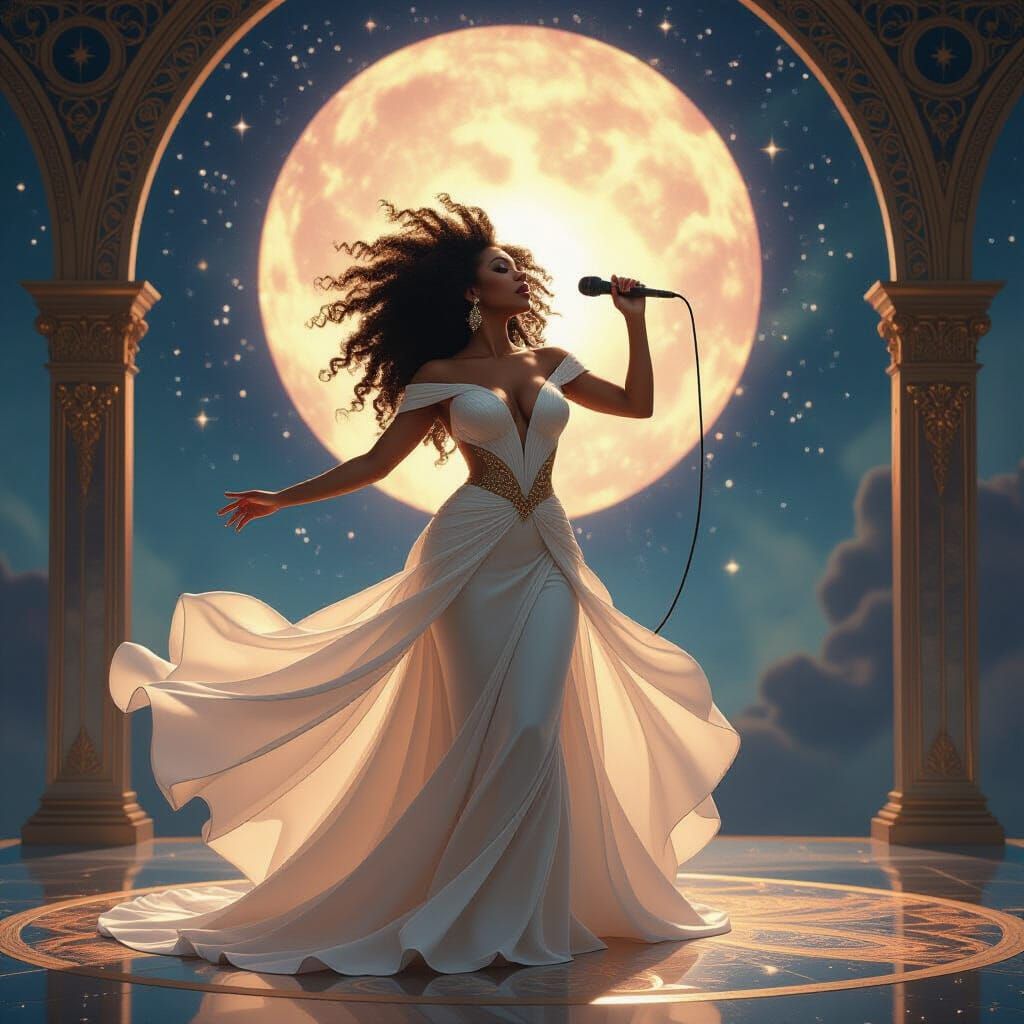 Afro-Latina Opera Singer in Cosmic Aria, Art Nouveau Style