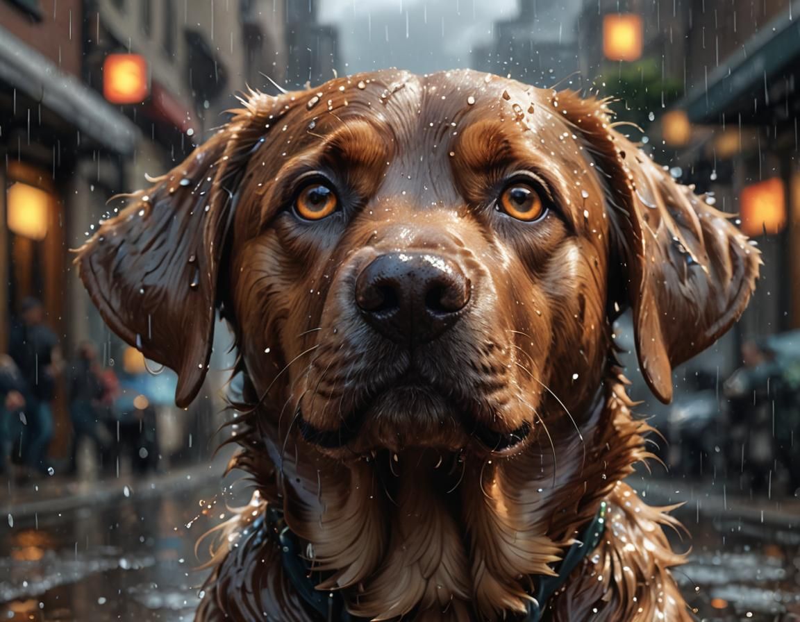 Happy Brown Lab Portrait in Rain, Detailed Art