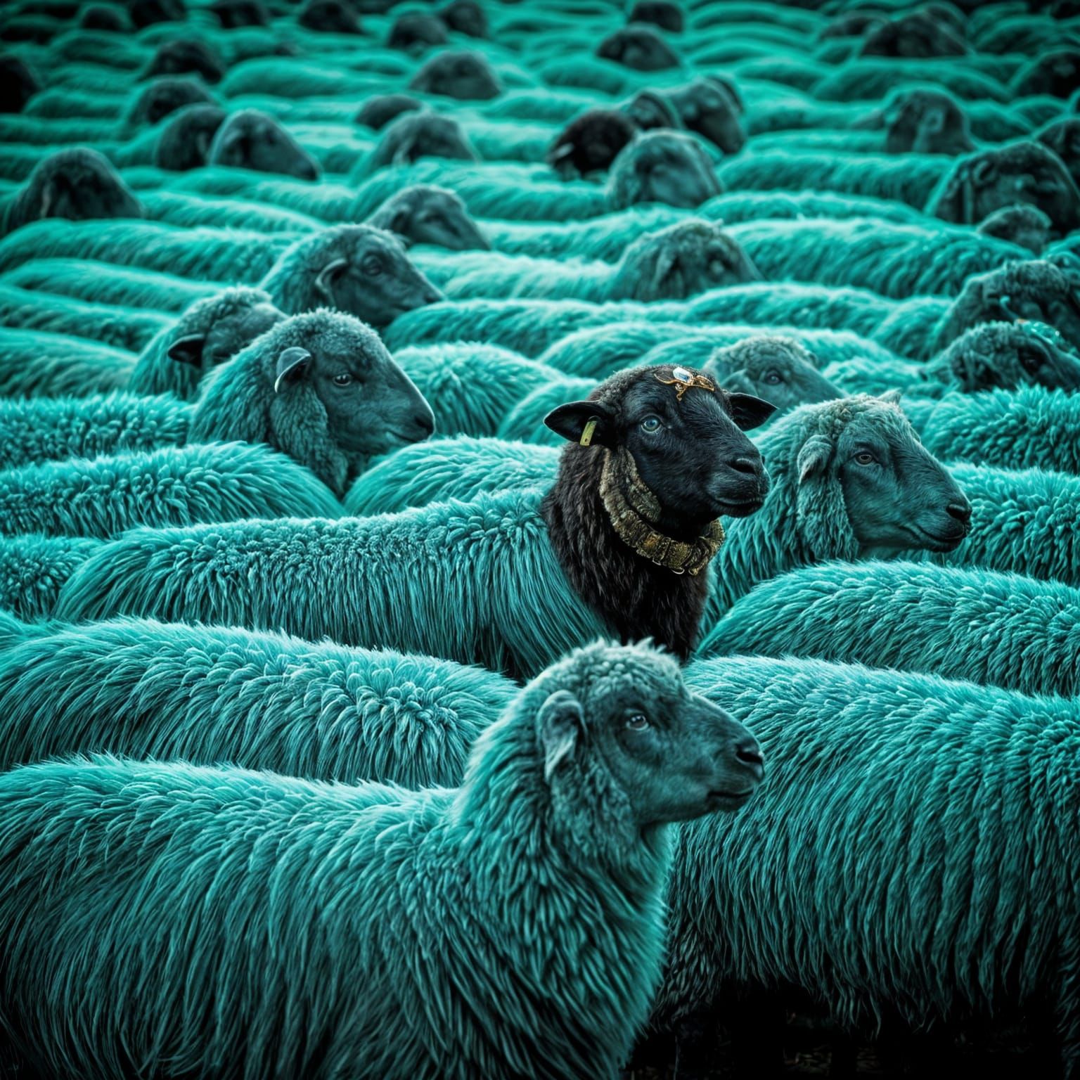 Turquoise Sheep in Rows: A Photorealistic HDR Image