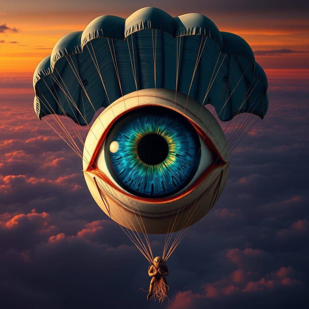 Giant Eyeball Parachute in Surreal Dalí-Giger Style