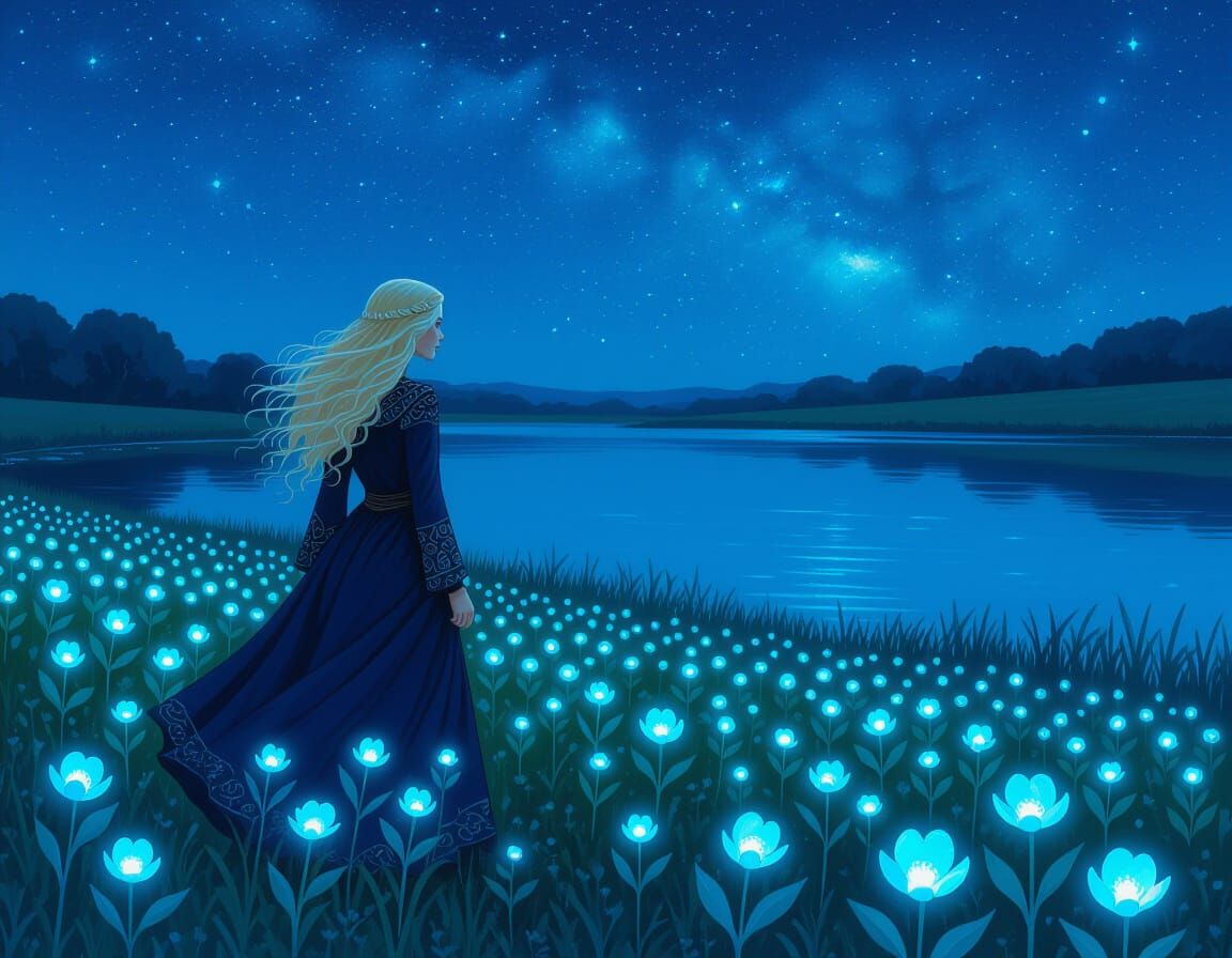 Medieval Maiden by Bioluminescent Lake Under Starry Sky