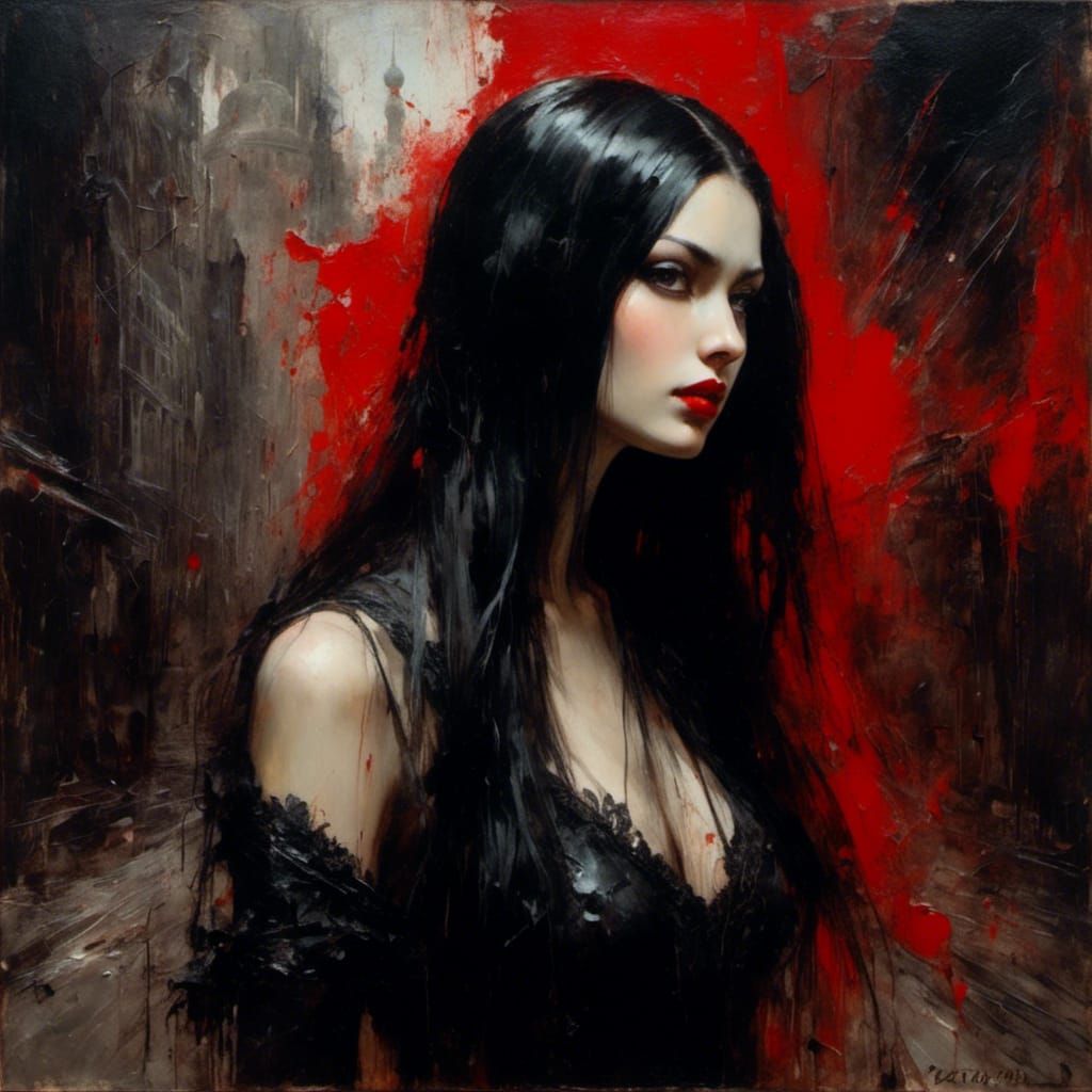 Elegant Tatar Woman in Red Latex, Gothic Noir Portrait