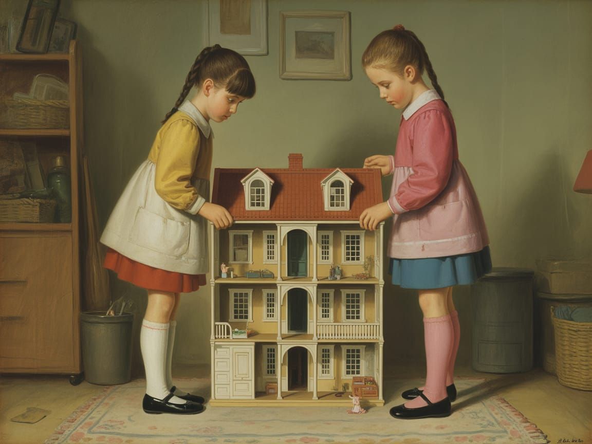 Girls Playing with Dollhouse in Simple Room