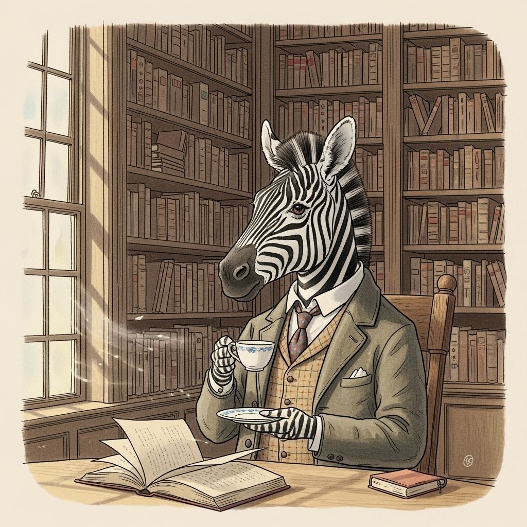Zebra Gentleman Enjoys Tea in Vintage Library