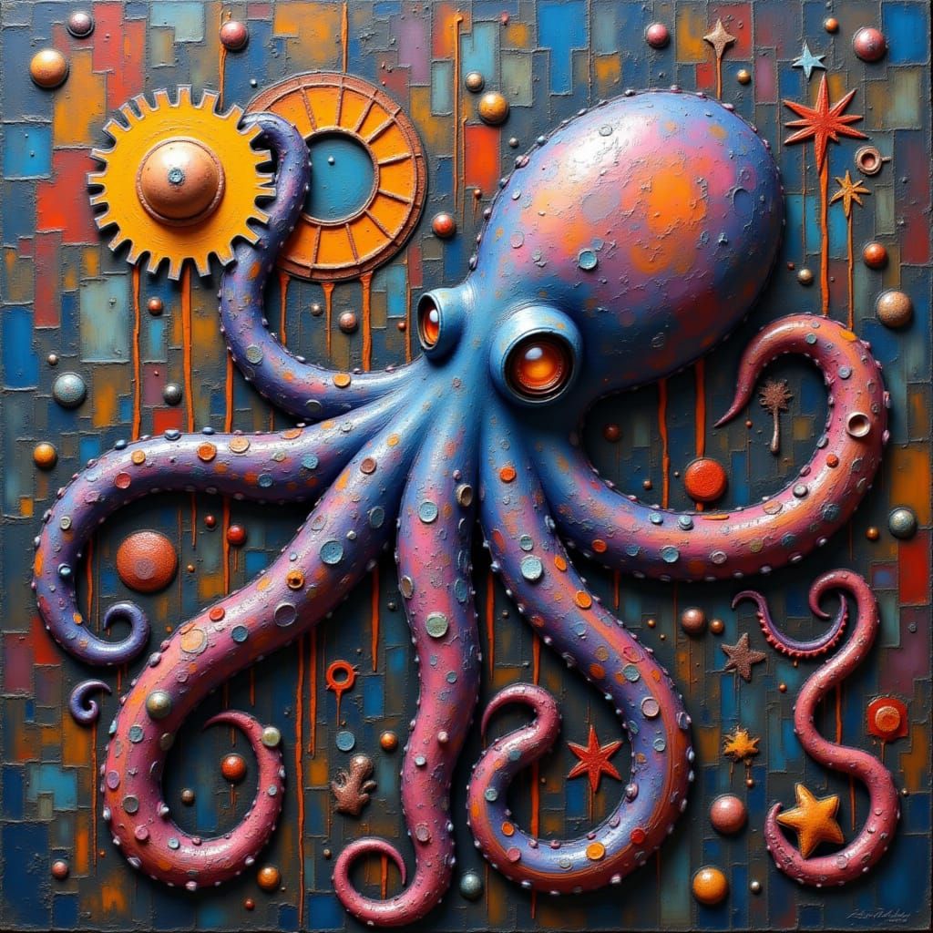 Surreal Octopus in Abstract Collage Style