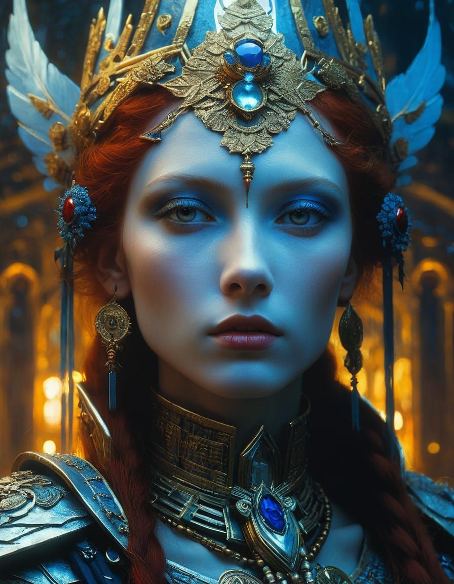 Red-Haired Warrior Princess in Klimt-Inspired Oil Painting