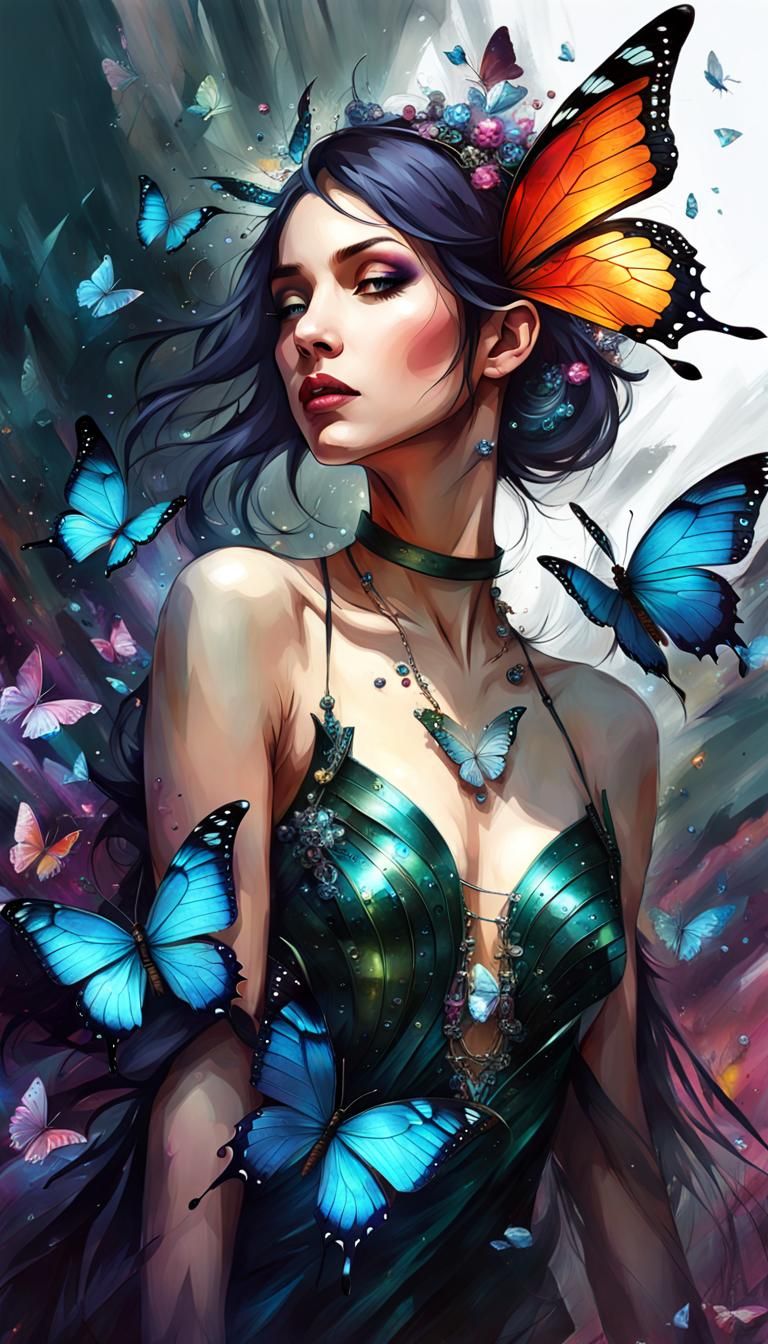 Clockpunk Crystal Butterfly Fae: Ornate Symbolist Etching