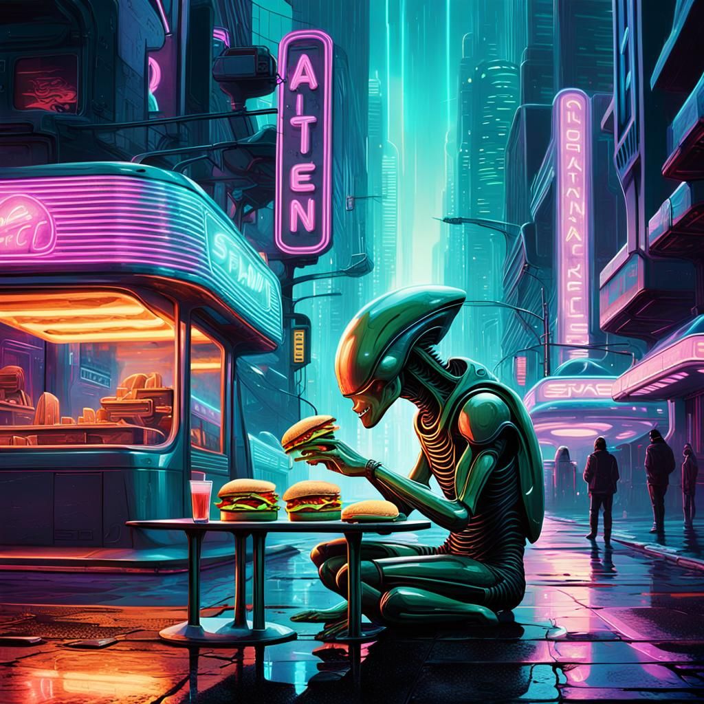 Alien Eats Sandwich in Neon City, Retro-Futuristic