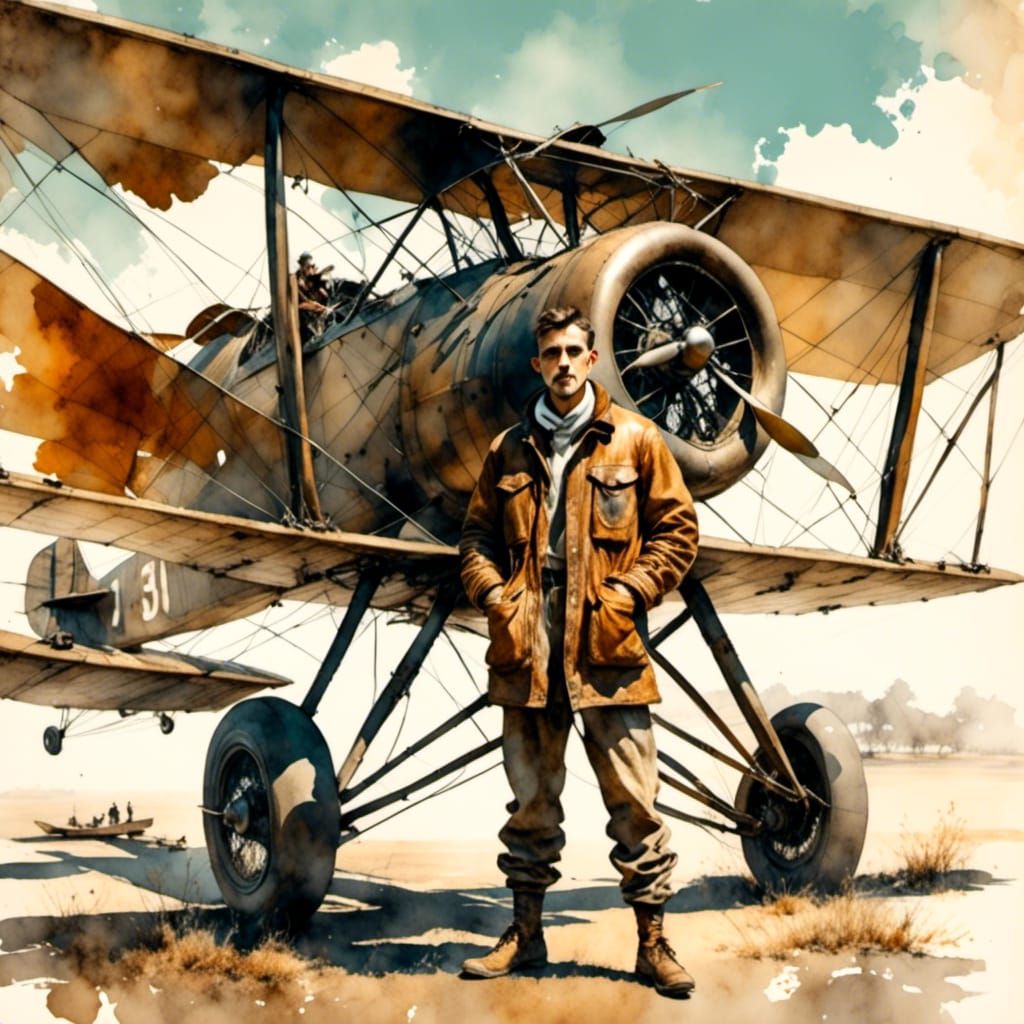 Pilot and Biplane: A Vintage Aviation Scene