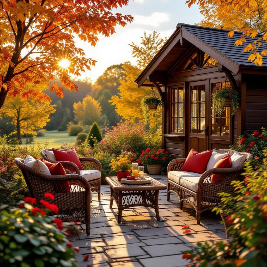 Hyperrealistic Autumn Garden at Golden Hour