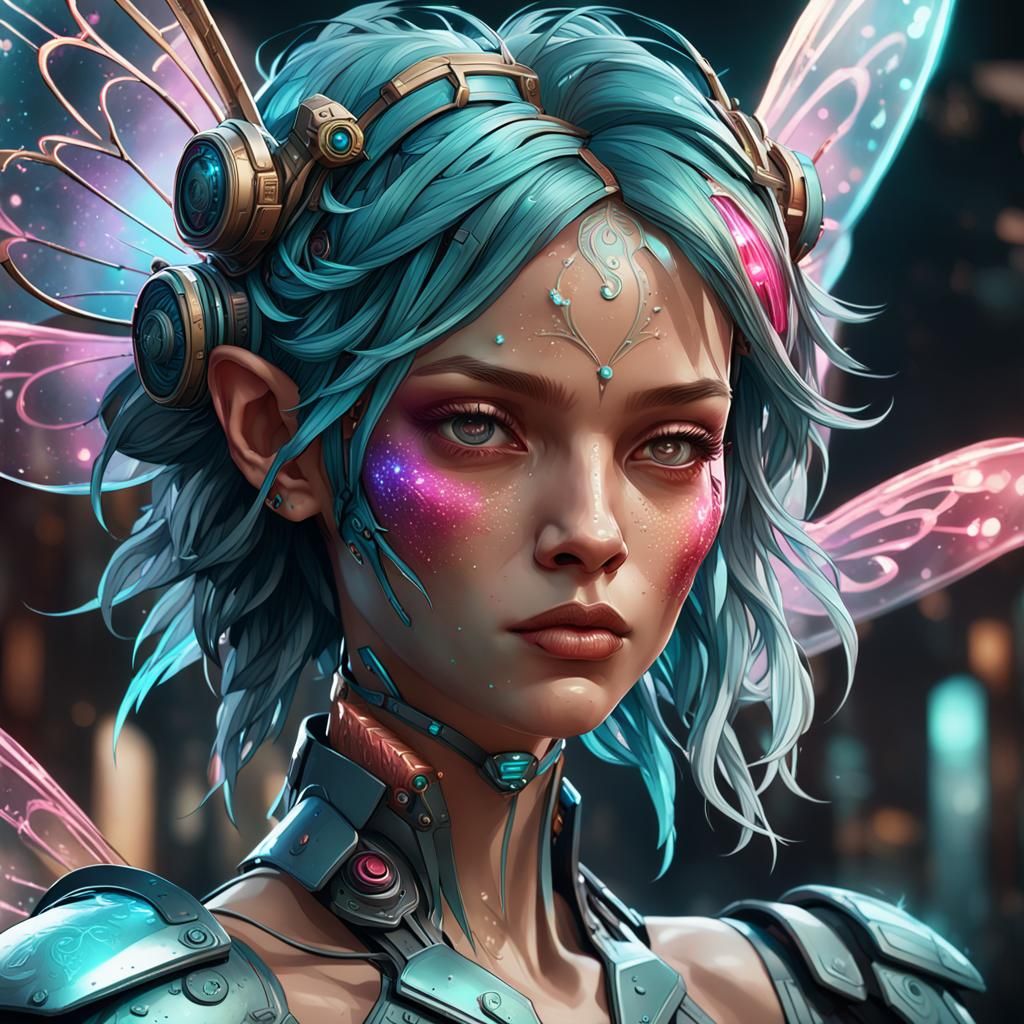 Cyberpunk Fairy Portrait in Art Nouveau Style