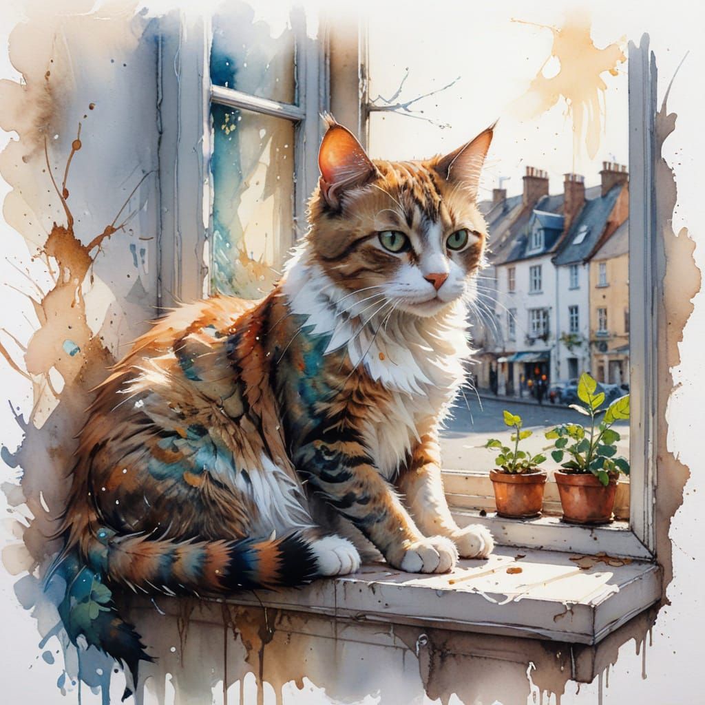 Whimsical European Village Square with Contented Cat