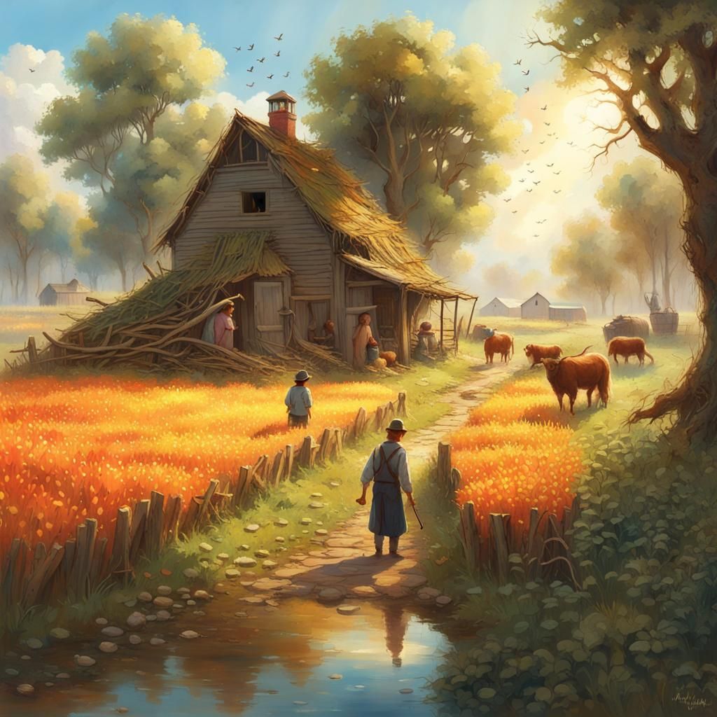 Rustic Farm Scene: Dreamlike Children's Book Illustration