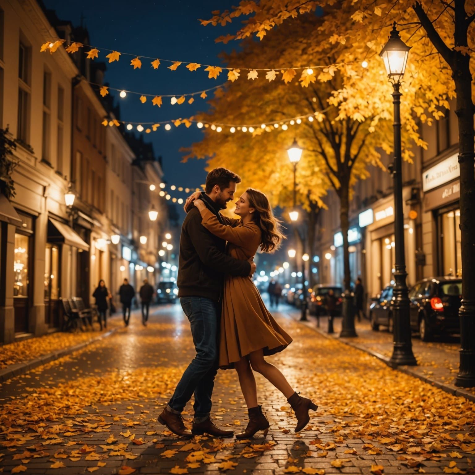 Romantic Couple Dancing Under Autumn Leaves
