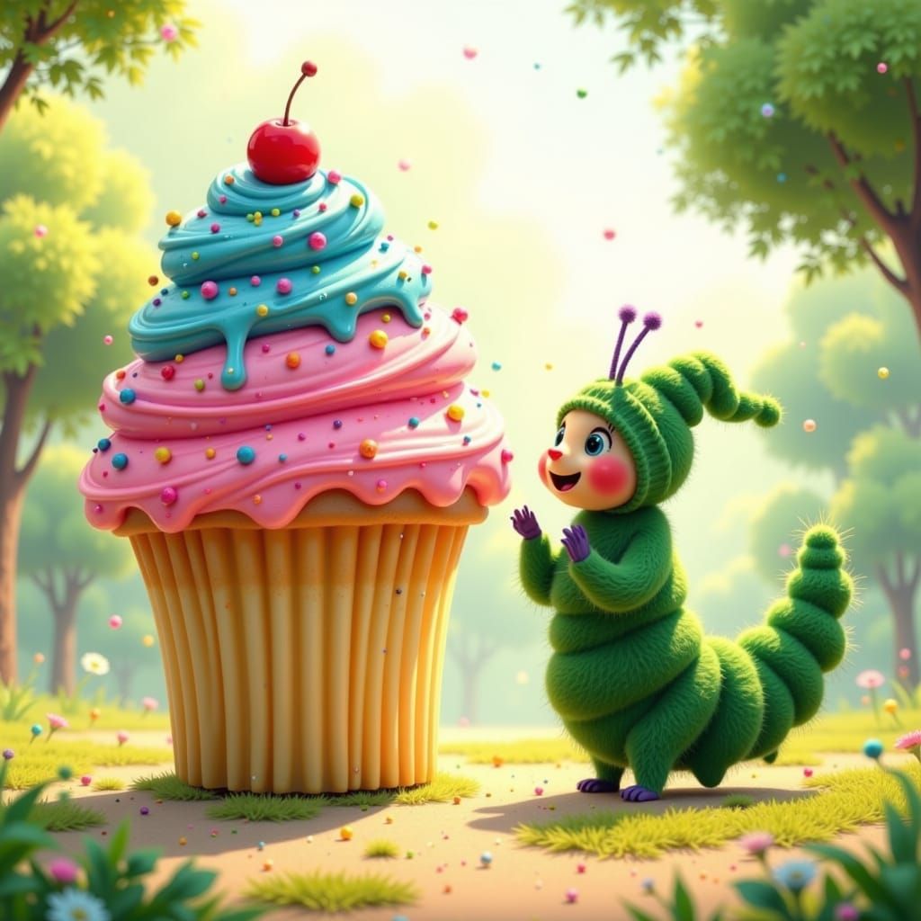 Delightful Caterpillar Finds Giant Cupcake, Whimsical Illust...