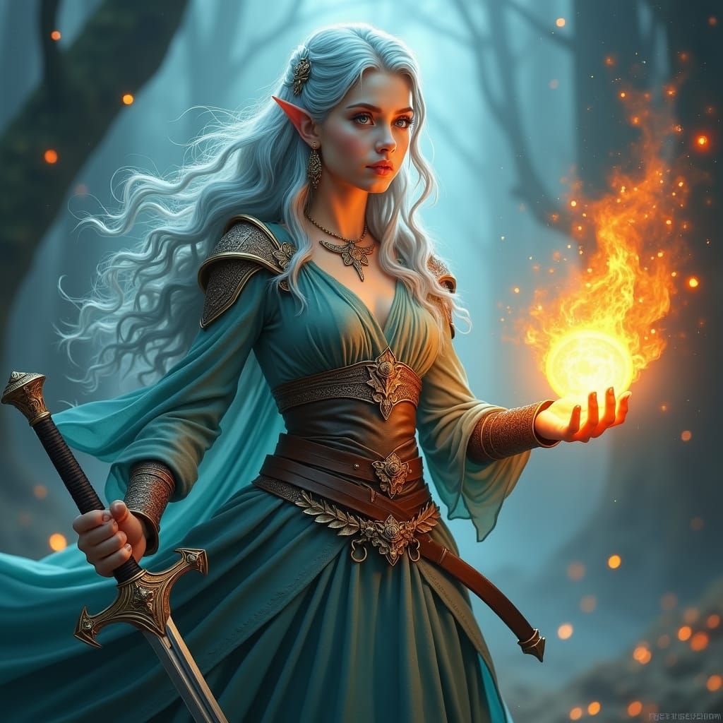 Elvish Sorceress Conjures Fireball in Fantasy Art