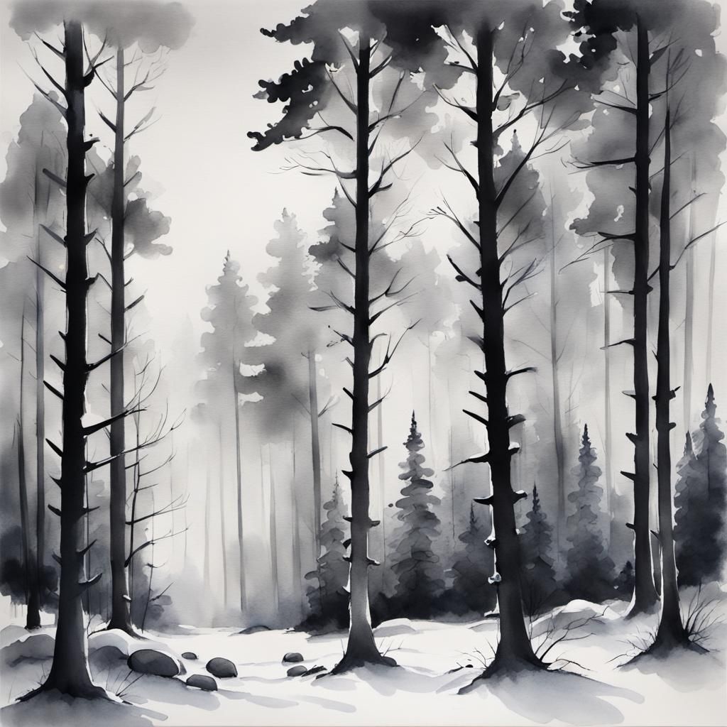 Winter Forest in Ink Wash Style