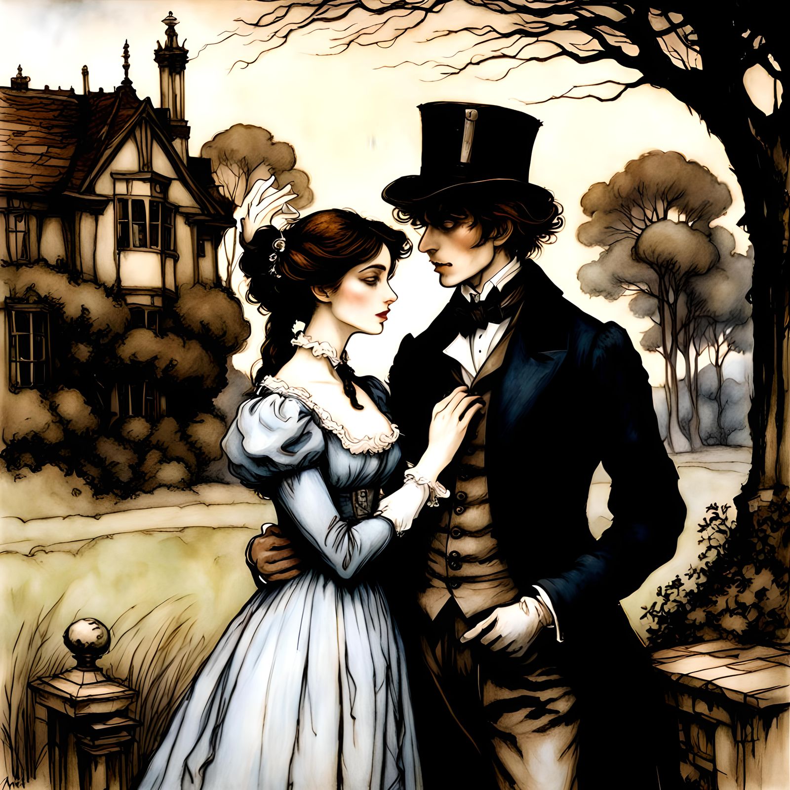 Young couple, background mansion, by arthur rackham and tim burton