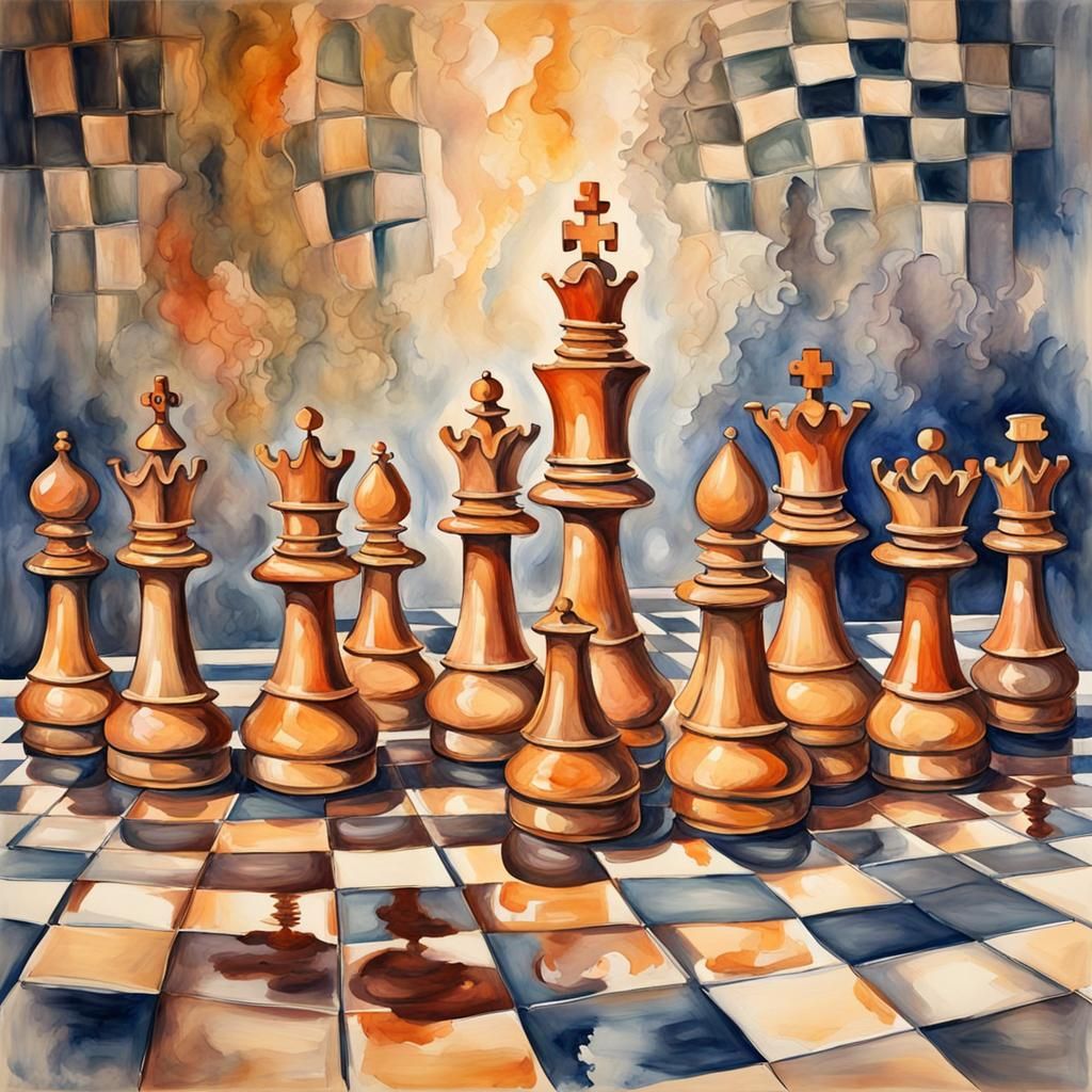 detailed life-sized chessboard, luxury, in Gouache Style, Watercolor, Museum Epic Impressionist Maximalist Masterpiece,...