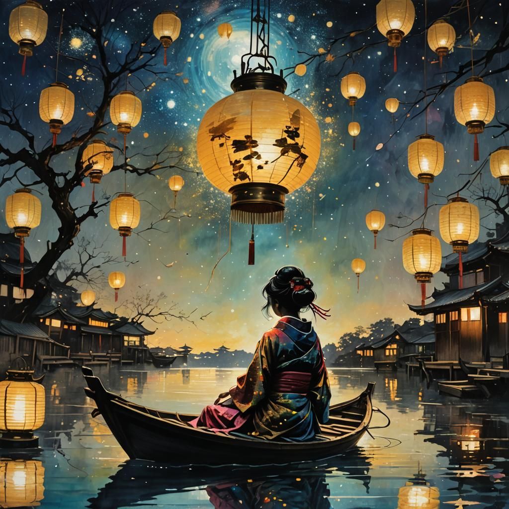 Geisha Silhouette at Lantern Festival in Anime Style