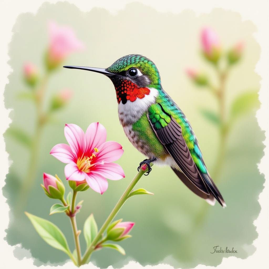 Tiny Bee Hummingbird Perched on Flower Stem