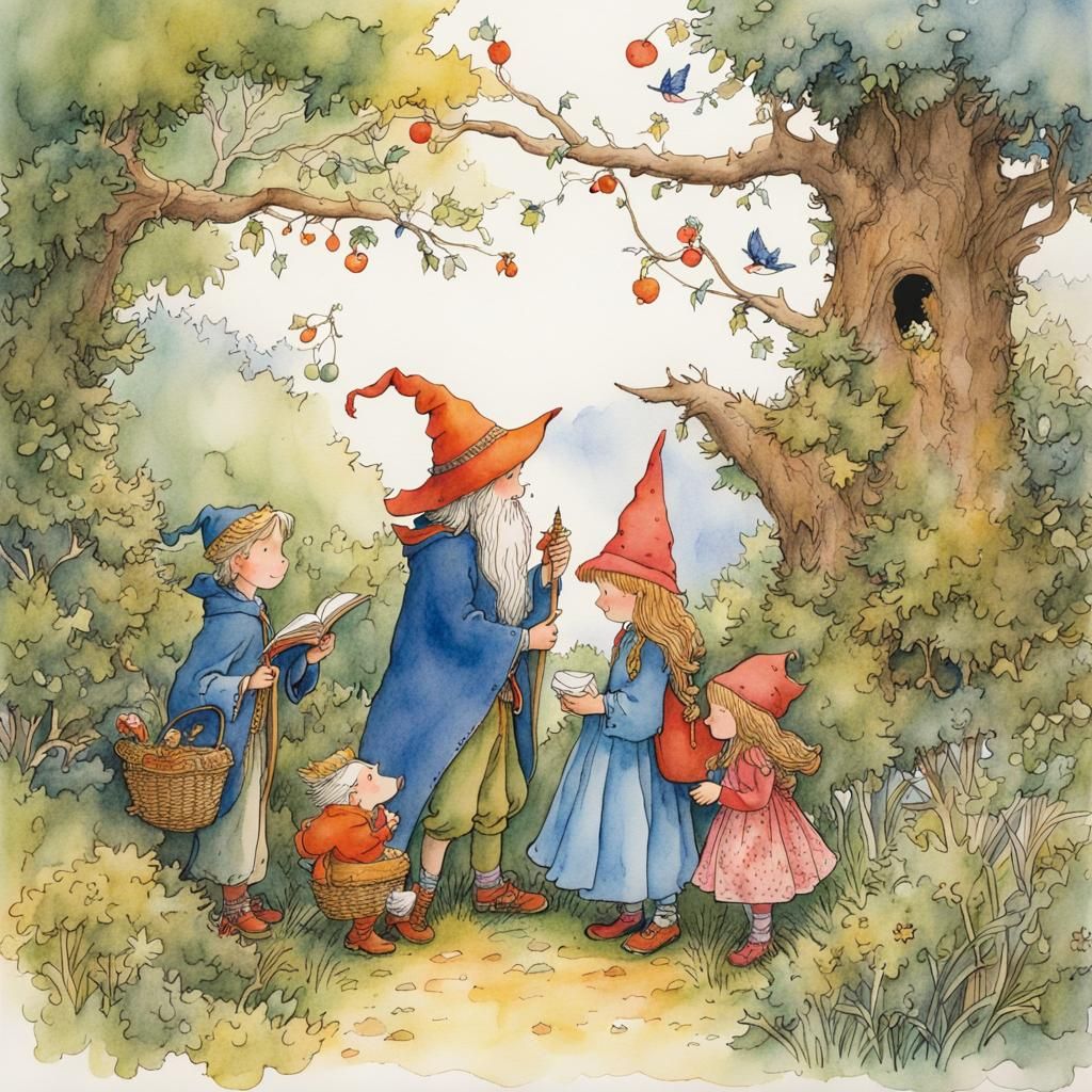 Whimsical Wizard in Forest Storybook Illustration