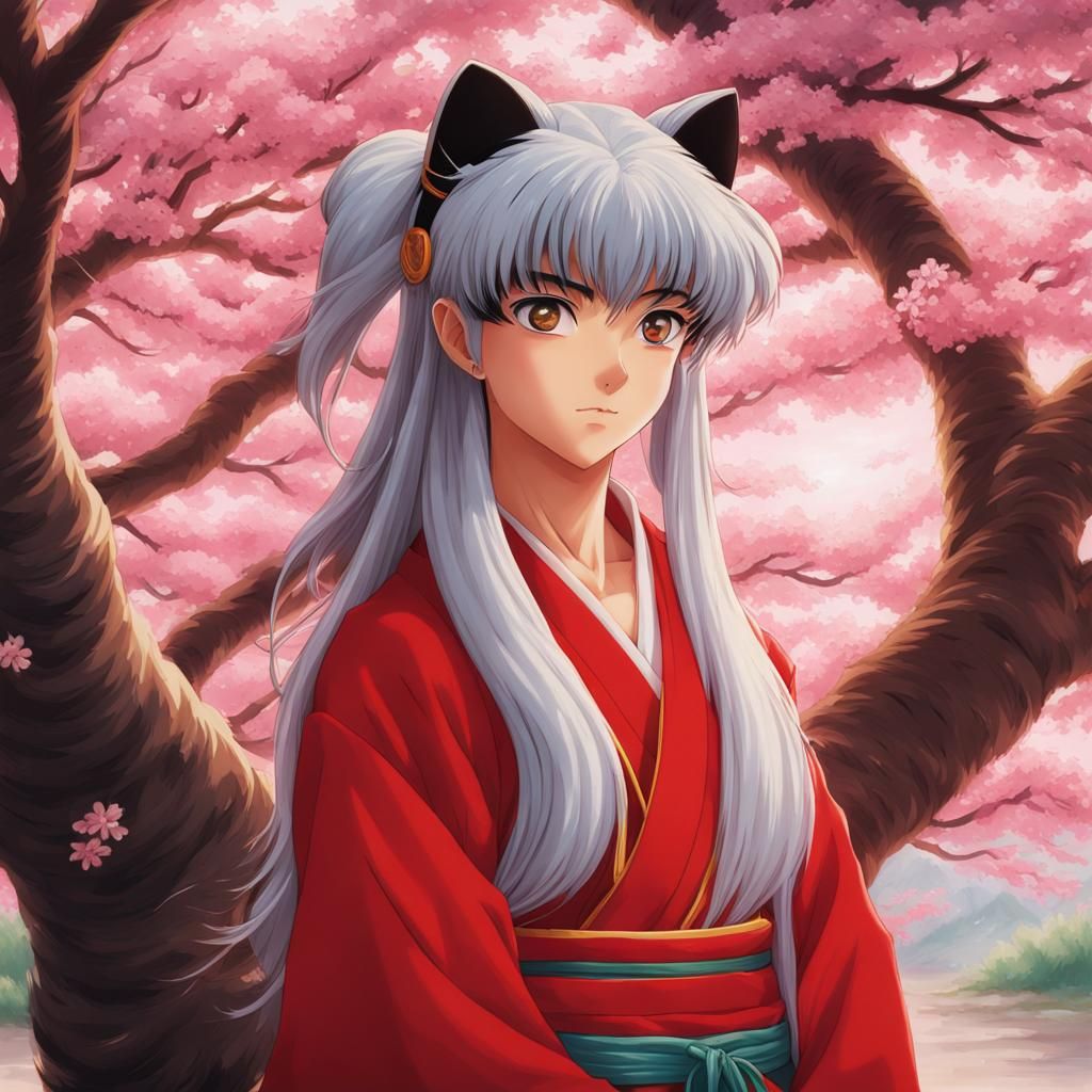 Inuyasha Under Cherry Blossom Tree in Anime Style