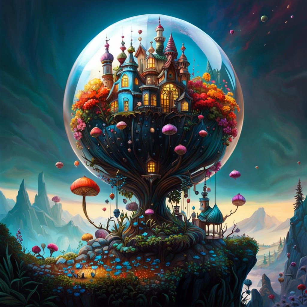 Glass Orb Mushroom Wonderland: Detailed Fantasy Art