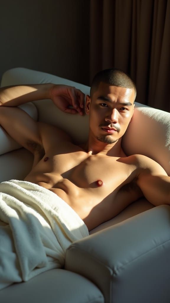 Asian Man in Towel, Cinematic Film Still