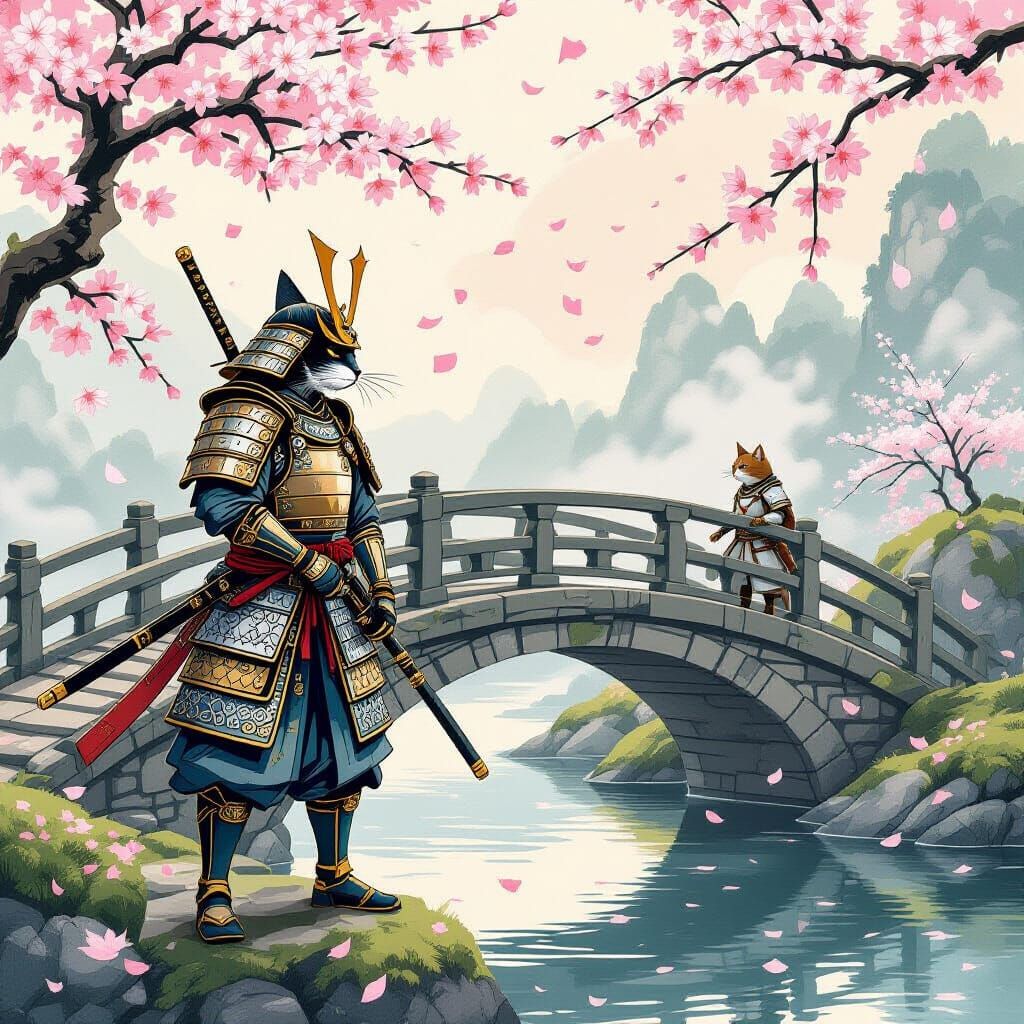 Samurai Fish on Stone Bridge, Japanese Woodblock Style