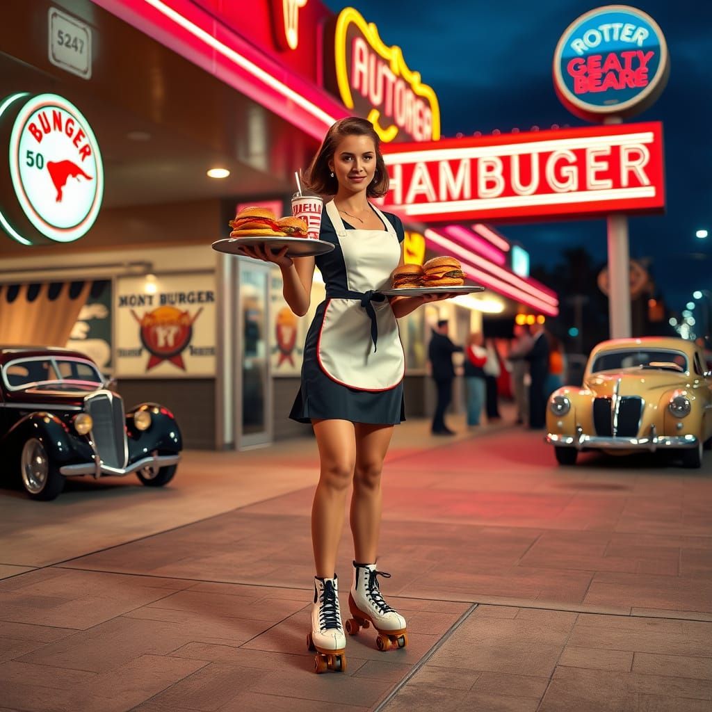 1950s Diner Waitress on Roller Skates with Burgers