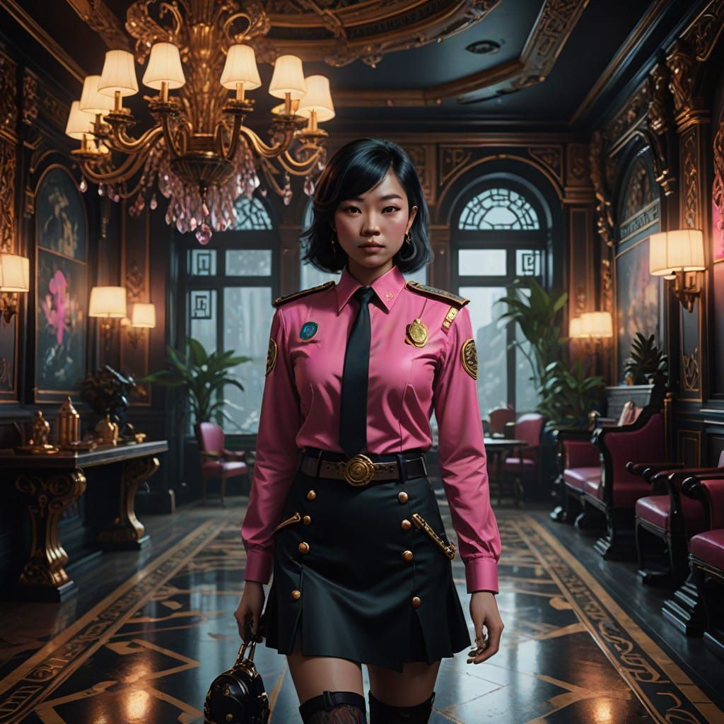 Vibrant Pink Police Cosplay in a Luxurious Dining Room