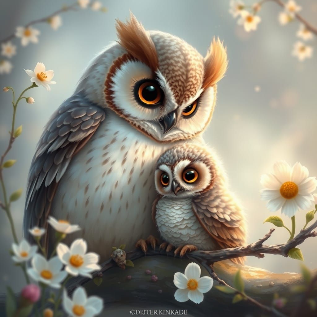 Whimsical Springtime Scene with Mother Owl and Baby