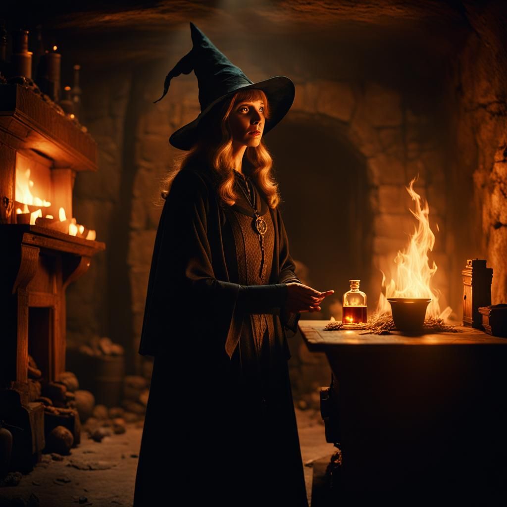 Mysterious Witch in Treasury with Glowing Whisky